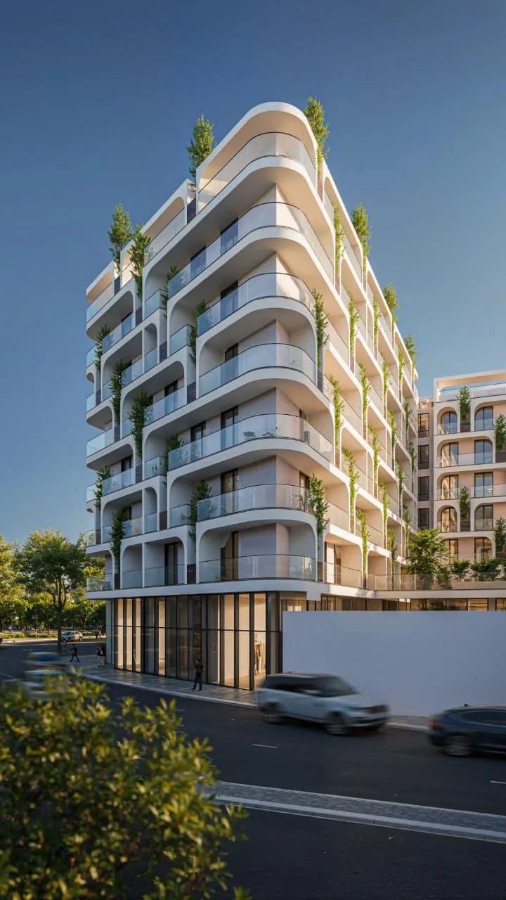 Rezidenca Dragoti — pool area with palms, real estate investment on the Adriatic coast, Albania
