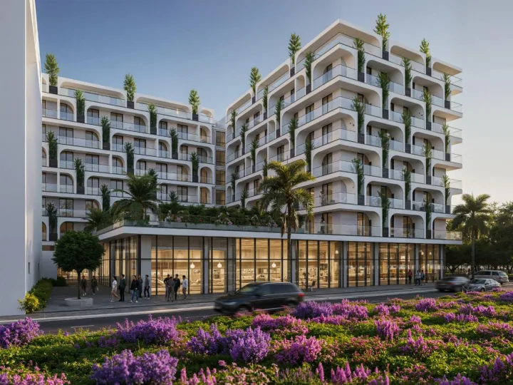 Rezidenca Dragoti — site overview of the 7-storey aparthotel-style residence, Durrës-Golem coast, Albania