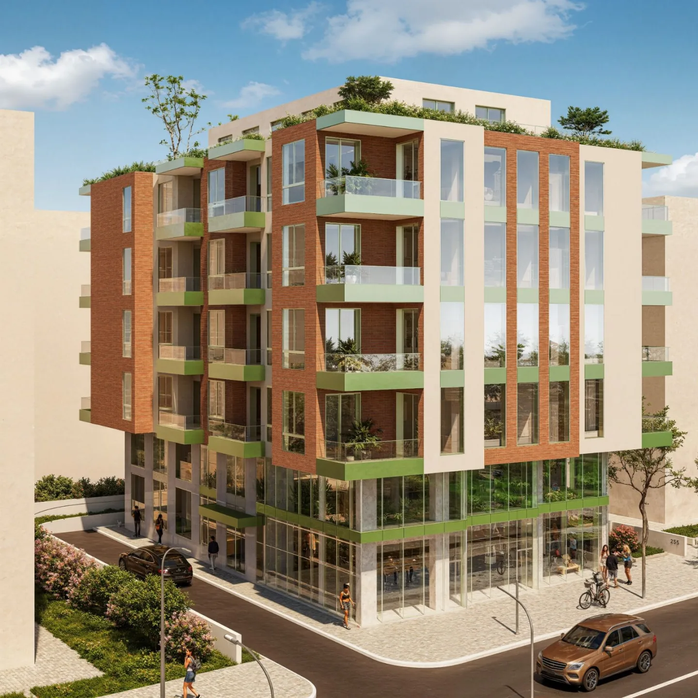 Rezidenca Gioia — facade of the 5-storey residential complex in Mali i Robit, Golem-Kavajë, Albania, 300 m from the Adriatic Sea.