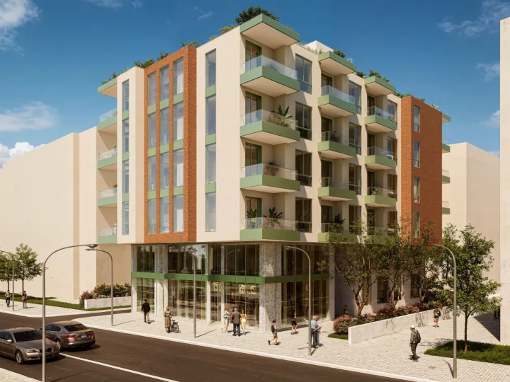 Rezidenca Gioia — facade view, 7-storey aparthotel-style residence with residents-only pool, Golem (Durrës), Albania (1+1, 2+1)