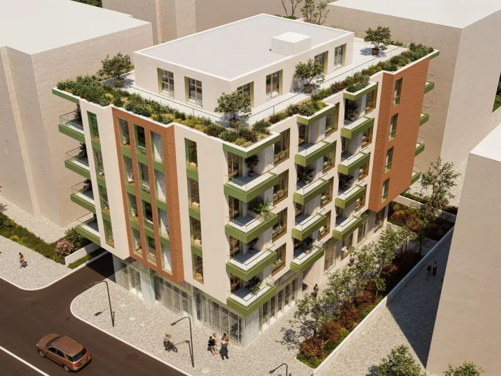 Rezidenca Gioia — pool area with palms, real estate investment on the Adriatic coast, Albania