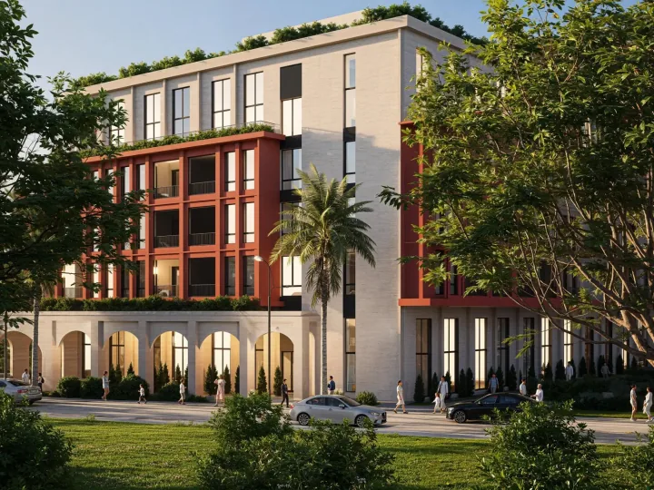 Rezidenca Hestia — main facade with arches, new-build apartments for sale in Golem-Kavajë, Albania (studios, lofts, 1+1, 2+1)
