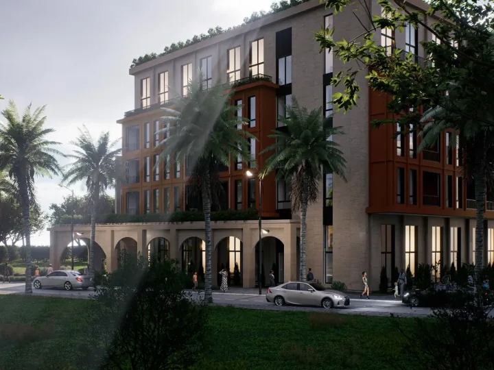 Rezidenca Hestia — side view, modern residential complex on the Albanian Riviera, real estate investment from €45,000
