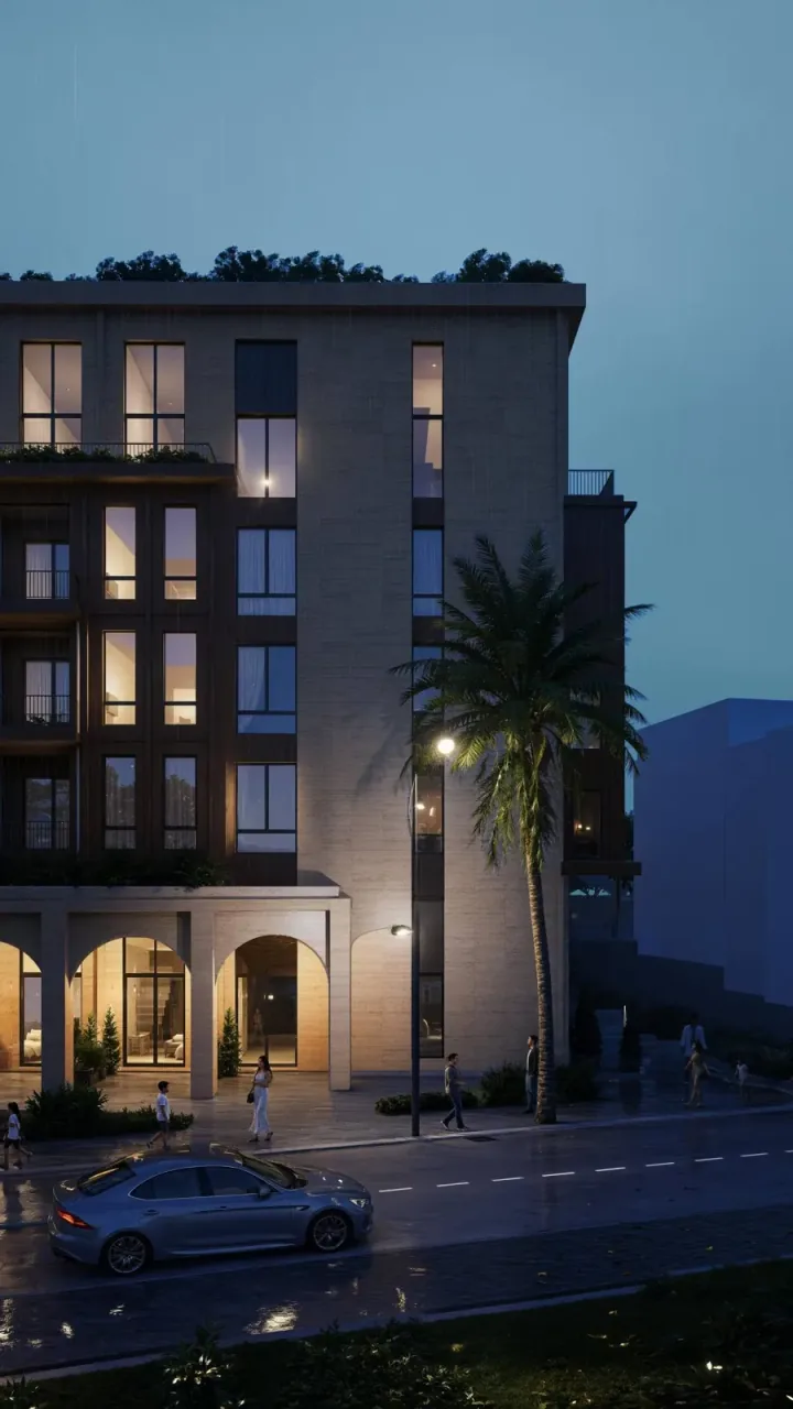 Rezidenca Hestia — illuminated night view, sea-facing apartments near Durrës, Albania