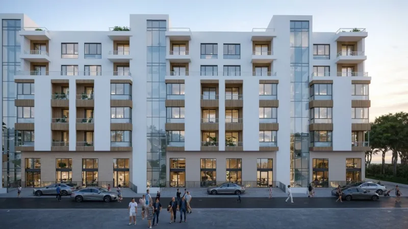 Rezidenca La Mer — main facade, modern 6-storey residential complex 300 m from the Adriatic Sea, Golem, Albania
