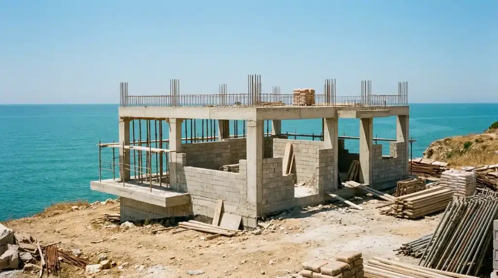 A half-built concrete house shell on the Albanian coast with a sea view