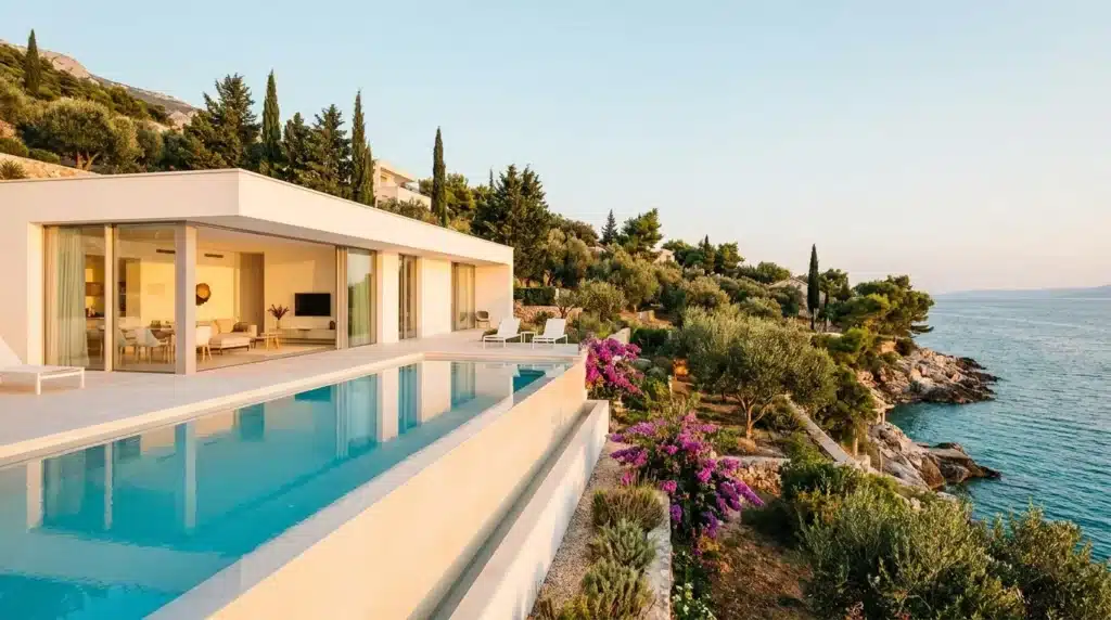 A finished modern villa with a pool overlooking the Adriatic sea in Albania